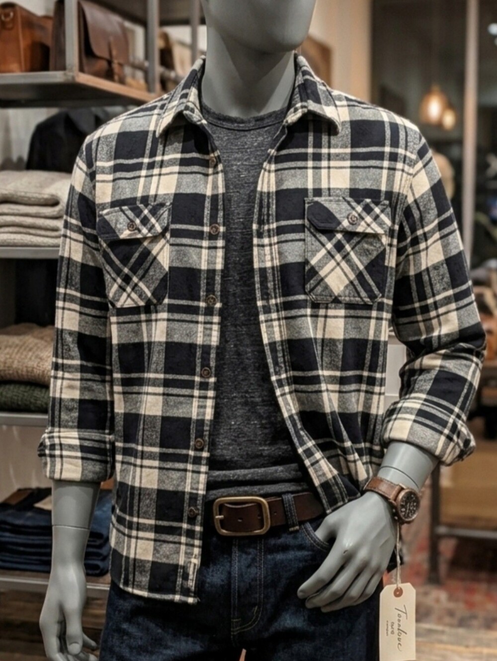 *Jachs Black and Cream Plaid Lightweight Shirt Jacket Pit 23